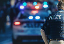 Police officer and vehicle with flashing lights.