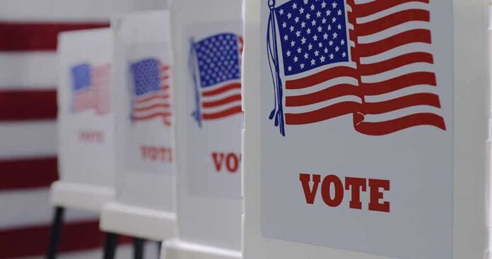 1743370412 featured image Voting booths with American flags and VOTE signs.