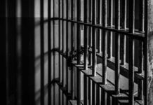 Black and white image of prison cell bars.