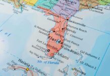 Close-up map of Florida and surrounding areas.