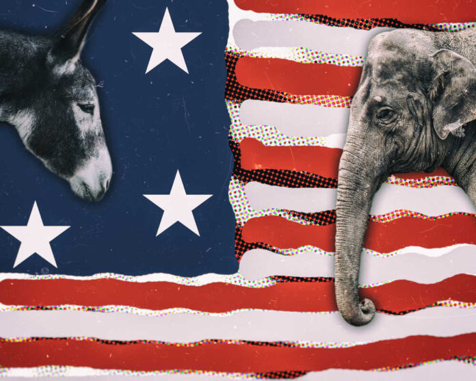 shutterstock_1055911847.jpg featured image Donkey and elephant on American flag background.