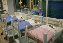 Five sleeping newborns in hospital bassinets.
