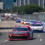 Stock car race on urban street circuit.