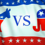 Democratic donkey vs Republican elephant on American flag background
