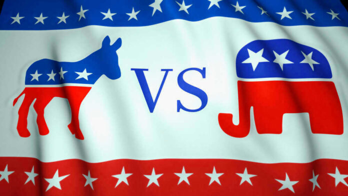 shutterstock_1807731076.jpg Democratic donkey vs Republican elephant on American flag background