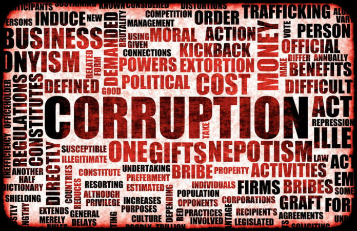 Corruption-related word cloud, highlighting corruption, political, bribery.