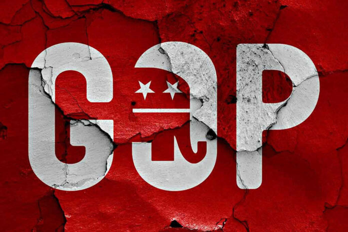 Cracked GOP logo on a red background