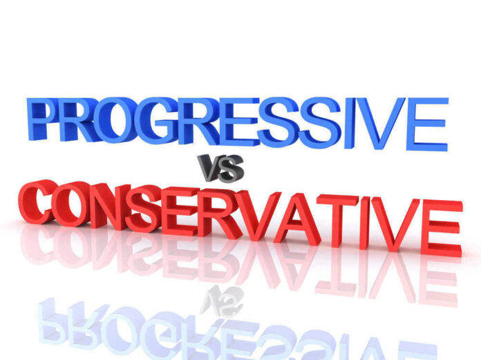 Progressive vs Conservative text in blue and red
