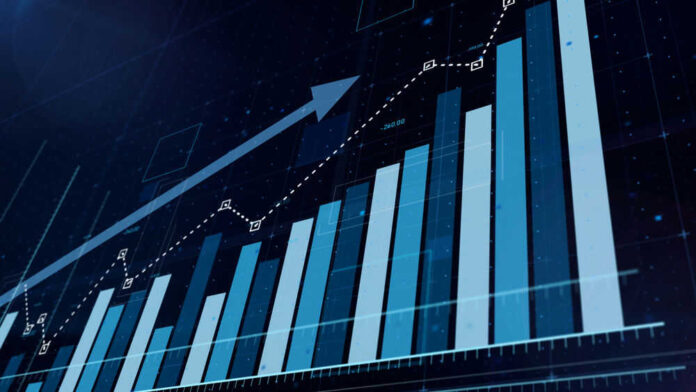 Rising bar graph with upward trending line chart