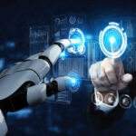 Human and robot interacting with virtual screen