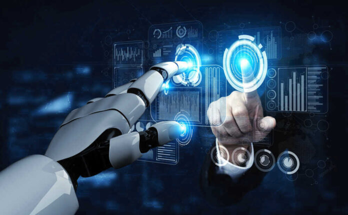 Human and robot interacting with virtual screen