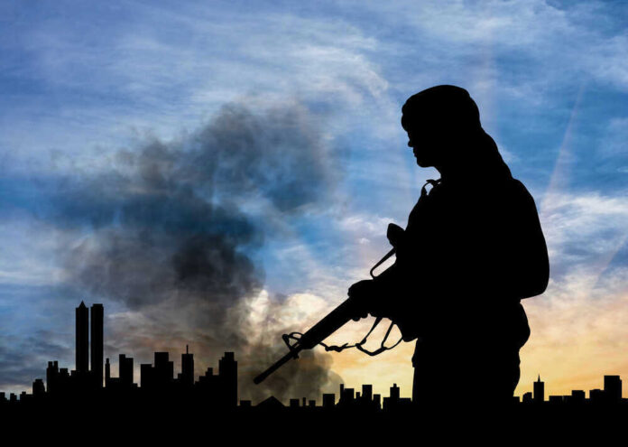 Soldier with rifle silhouetted against smoky city skyline.