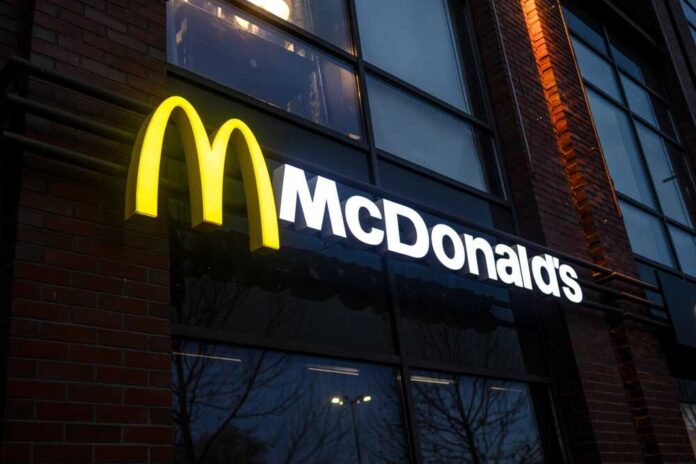 Illuminated McDonald's sign on a brick building at night