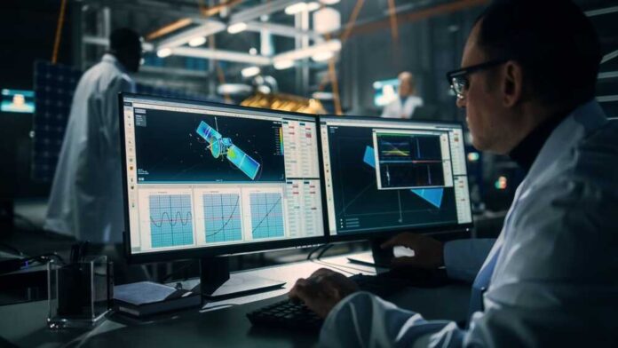 Scientist analyzing data on dual computer screens in a research lab