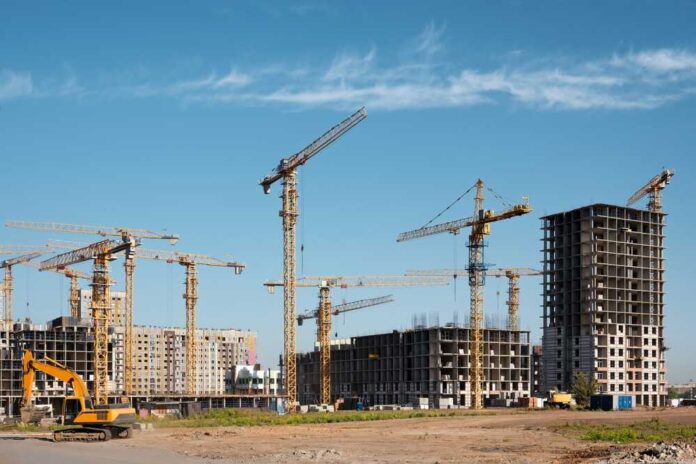 Construction site with multiple cranes and an excavator under a clear blue sky
