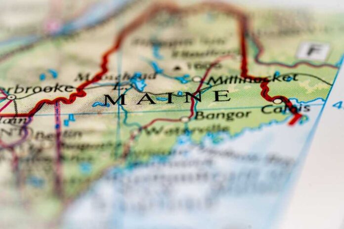 Close-up of a map highlighting the state of Maine