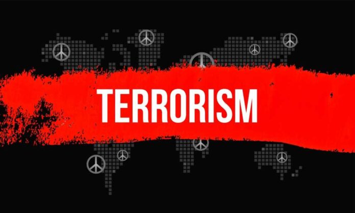 Graphic representation of terrorism with peace symbols and a bold red stripe