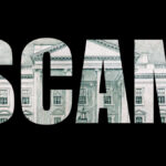 The word 'SCAM' formed by a background of a dollar bill