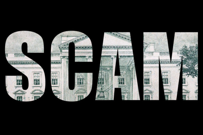 The word 'SCAM' formed by a background of a dollar bill