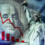 Statue of Liberty, Benjamin Franklin, declining red graph.