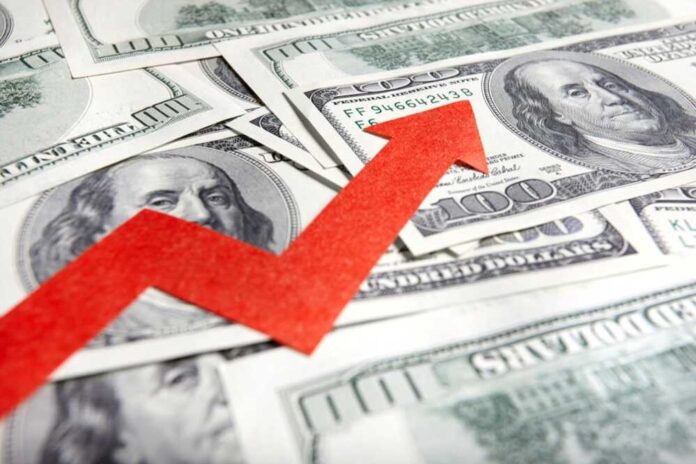 A red arrow indicating growth over scattered hundred dollar bills