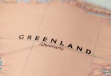 Close-up of a map showing Greenland labeled as Denmark