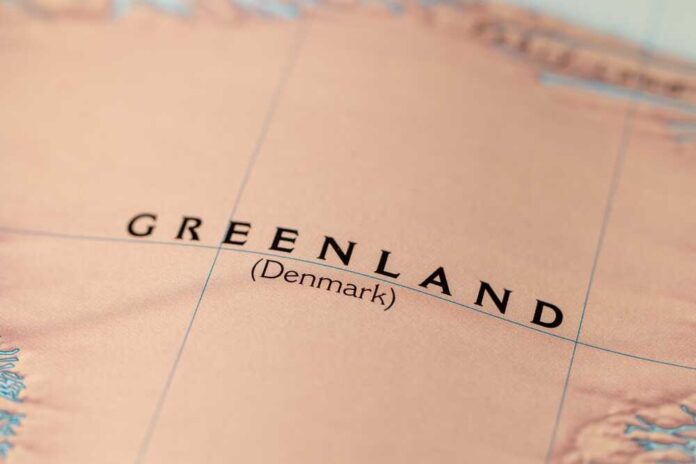 Close-up of a map showing Greenland labeled as Denmark