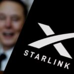 Close-up of the Starlink logo with a blurred figure in the background