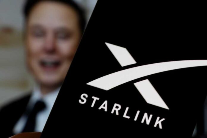 Close-up of the Starlink logo with a blurred figure in the background