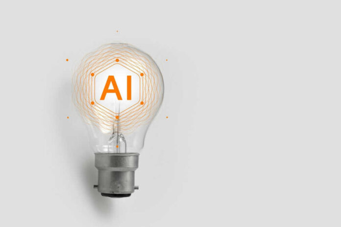 Lightbulb with AI text and digital lines