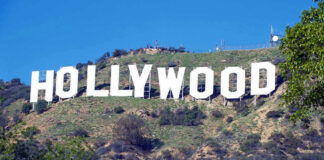 Hollywood sign on a hillside in Los Angeles.