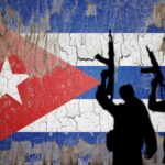 Cuban Military Slaughters Four on U.S. Boat Silhouettes of armed figures in front of a weathered Cuban flag