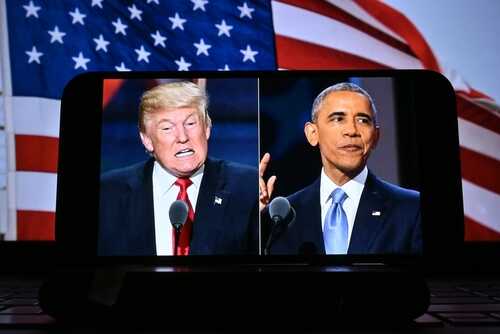 Split screen of Donald Trump and Barack Obama during a political event