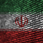 Abstract representation of the Iranian flag overlaid with programming code