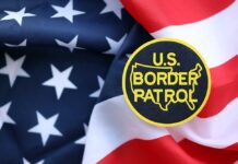 U.S. Border Patrol badge on a background of the American flag