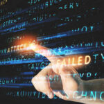 A hand pointing at a glowing error message in a digital environment