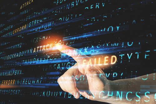 A hand pointing at a glowing error message in a digital environment