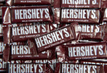 A pile of Hershey's milk chocolate bars stacked together