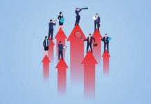 Illustration of business professionals standing on upward arrows symbolizing growth