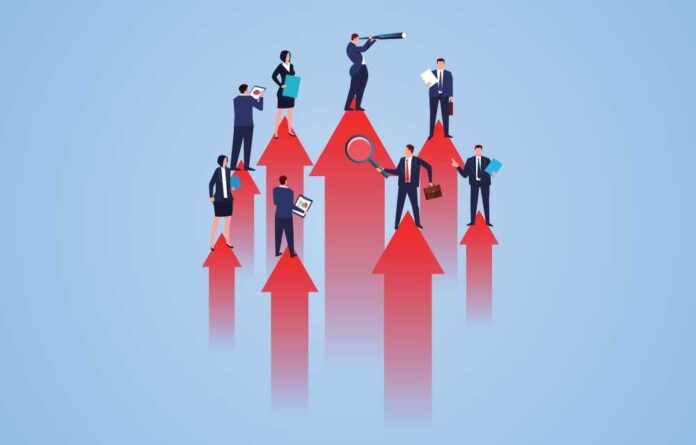 Illustration of business professionals standing on upward arrows symbolizing growth