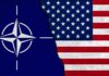 NATO flag on the left and USA flag on the right, with a torn effect in the middle