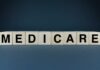 Wooden blocks spelling out MEDICARE on a dark background