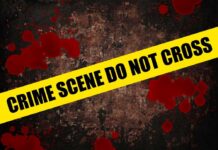 Yellow caution tape reading 'CRIME SCENE DO NOT CROSS' over a dark, blood-splattered background