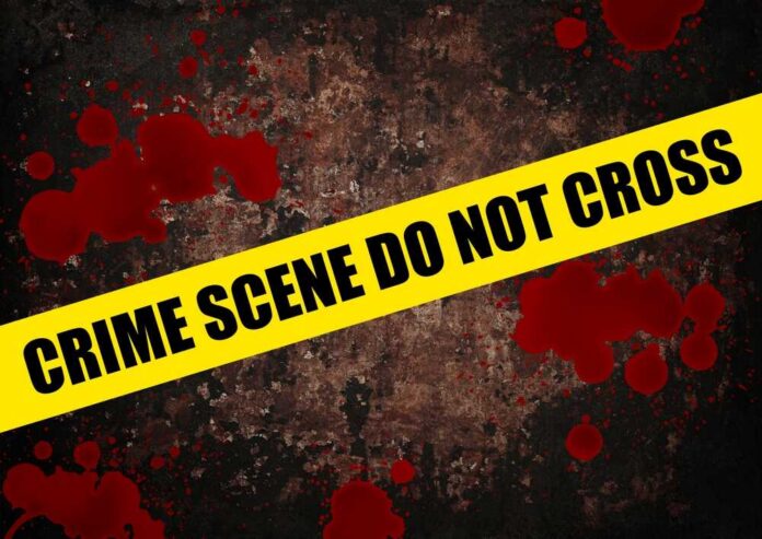 Yellow caution tape reading 'CRIME SCENE DO NOT CROSS' over a dark, blood-splattered background