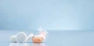 Assorted pills on a reflective surface against a light background