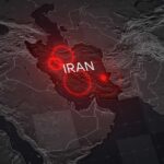 A digital map highlighting Iran with red circles
