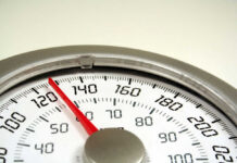 Close-up of an analog bathroom scale display.