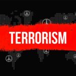 Graphic representation of terrorism with peace symbols and a bold red stripe