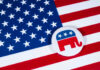 American flag and Republican Party elephant logo button.