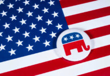 Georgia Runoff Surprise JOLTS Republicans American flag and Republican Party elephant logo button.